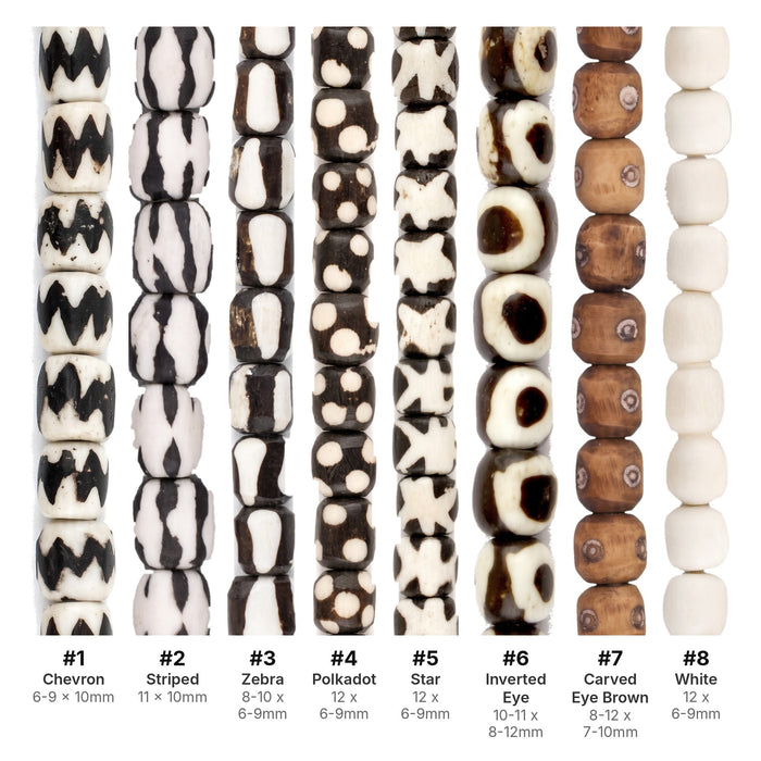 What's included, strands numbered 1-8: Batik Bone Bead Set: Small Kenya Patterns