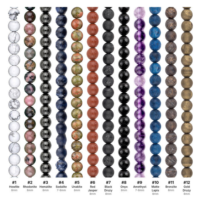 What's included, strands numbered 1-12: Gemstone Bead Set: 8mm Round Starter Mix