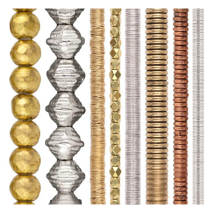 Mixed metal bead set with Ethiopian brass, silver bicone, gold, silver and copper heishi strands side by side