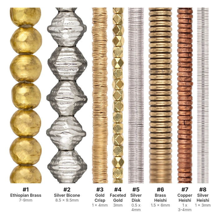 What's included, strands numbered 1-8: Mixed Metal Bead Set: Ethiopian Brass, Striped Silver & Copper Heishi