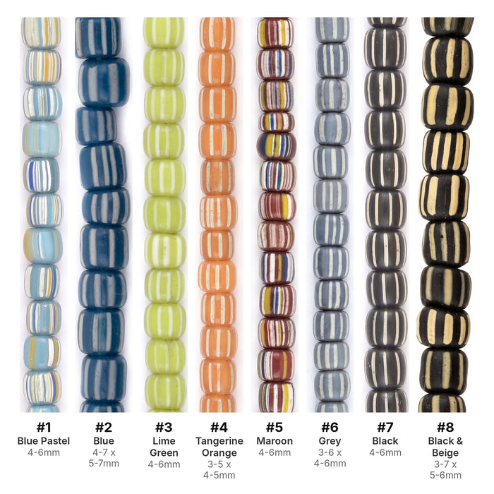 What's included, strands numbered 1-8: Java Gooseberry Bead Set: Striped Rainbow