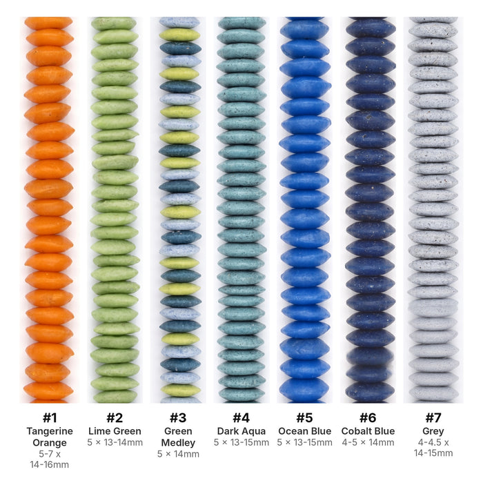 What's included, strands numbered 1-7: Ashanti Glass Bead Set: Ocean Blue & Citrus Saucers