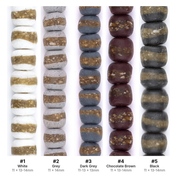What's included, strands numbered 1-5: Krobo Bead Set: Black, White & Earth Kente