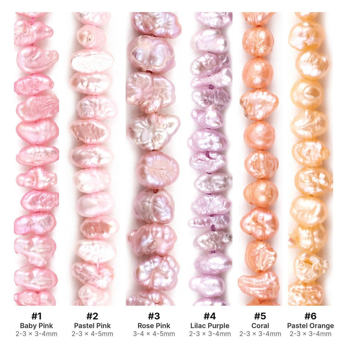 What's included, strands numbered 1-6: Nugget Pearl Bead Set: Pink, Lilac & Coral