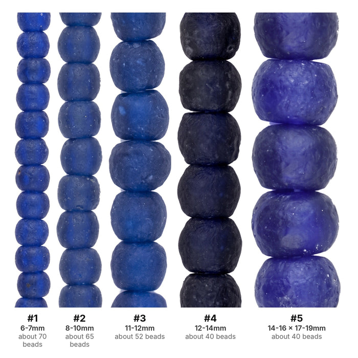 What's included, strands numbered 1-5: Recycled Glass Bead Set: Cobalt Blue Size Run