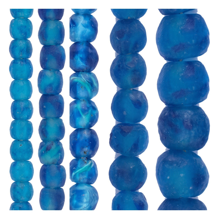 Recycled Glass Bead Set: Aqua Swirl Size Run (5 Strands, 7-18mm)