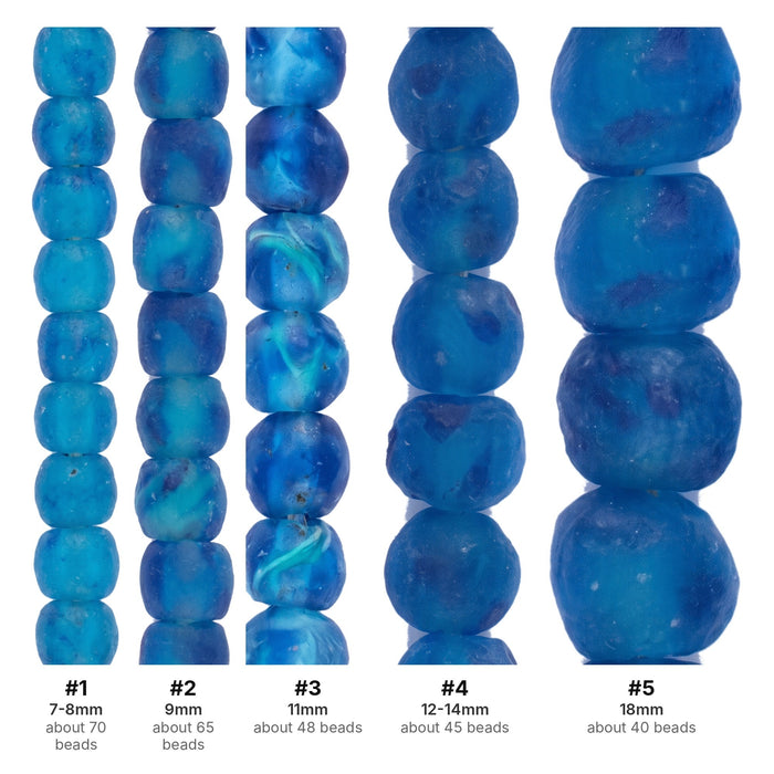 What's included, strands numbered 1-5: Recycled Glass Bead Set: Aqua Swirl Size Run