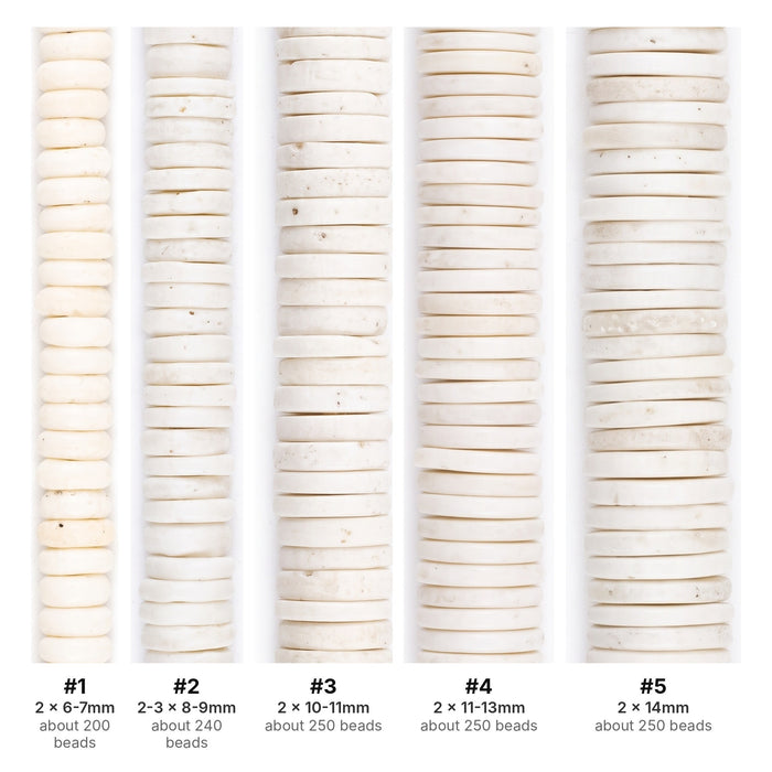 What's included, strands numbered 1-5: Bone Bead Set: White Button Size Run