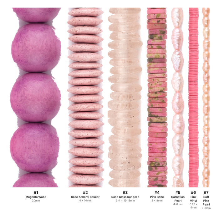 What's included, strands numbered 1-7: Pink Bead Set: Blush & Rose Glass, Bone & Pearl