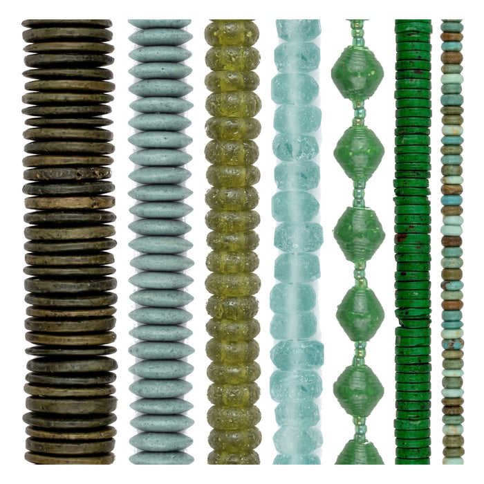 Green Bead Set: Sage & Olive Glass, Turquoise & Coconut (7 Strands, 4-20mm)