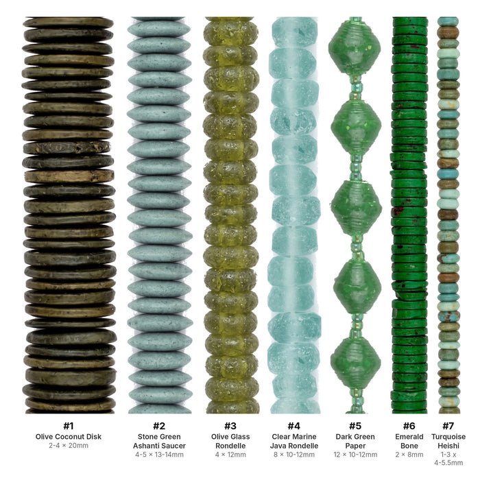 What's included, strands numbered 1-7: Green Bead Set: Sage & Olive Glass, Turquoise & Coconut