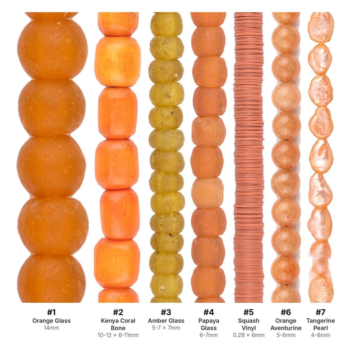 What's included, strands numbered 1-7: Orange Bead Set: Citrus & Coral Glass, Bone & Aventurine