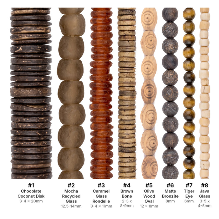 What's included, strands numbered 1-8: Brown Bead Set: Honey, Tiger Eye & Olive Wood