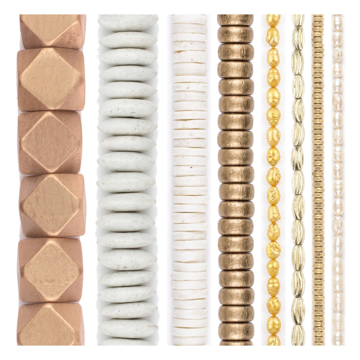 Gold & Ivory Bead Set: Heishi, Pearl & Bone (8 Strands, 2-15mm)
