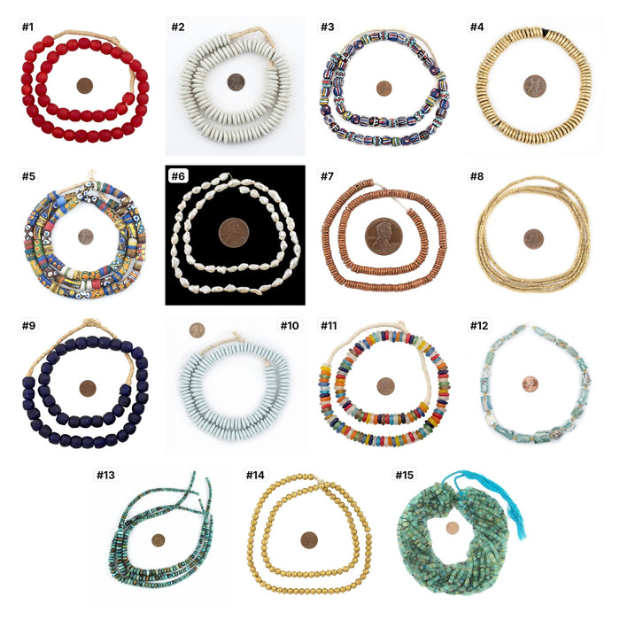 The 15 real strands, numbered 1-15, each photographed with a penny for scale: Jewelry Making Bead Set: Starter Studio Collection
