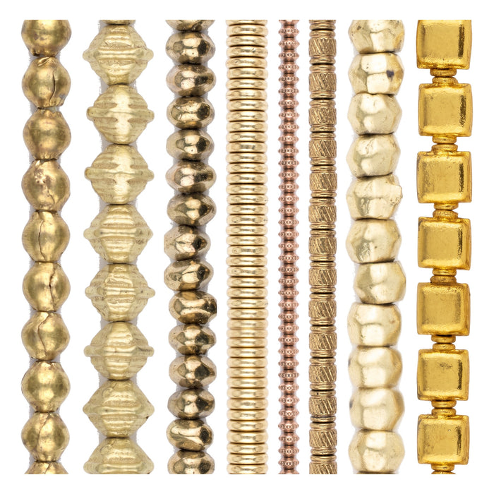 Brass Bead Set: Bicone, Nugget & Engraved (8 Strands, 3-9.5mm)