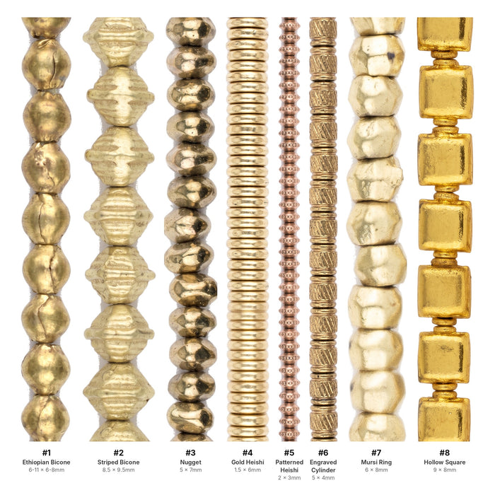 What's included, strands numbered 1-8: Brass Bead Set: Bicone, Nugget & Engraved