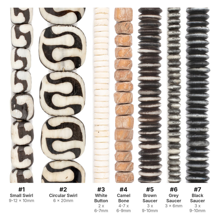 What's included, strands numbered 1-7: Bone Bead Set: Batik & Himalayan