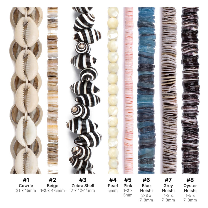 What's included, strands numbered 1-8: Shell Bead Set: Cowrie, Zebra & Mother of Pearl