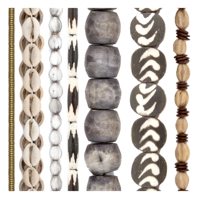 African Bead Set from Kenya: Brass Heishi, Cowrie & Batik Bone (7 Strands, 3-24mm)