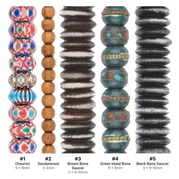 What's included, strands numbered 1-5: Nepal Bead Set: Chevron, Sandalwood & Himalayan Bone