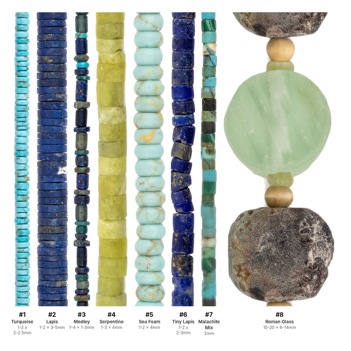 What's included, strands numbered 1-8: Afghan Bead Set: Lapis, Turquoise & Roman Glass