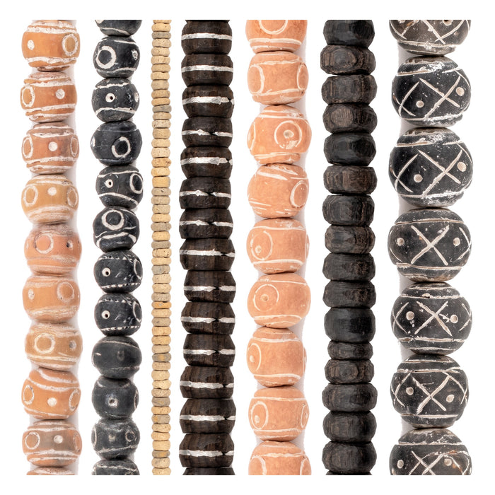 Mali Bead Set: Clay & Ebony Prayer Beads (7 Strands, 4-17mm)