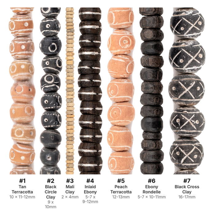 What's included, strands numbered 1-7: Mali Bead Set: Clay & Ebony Prayer Beads