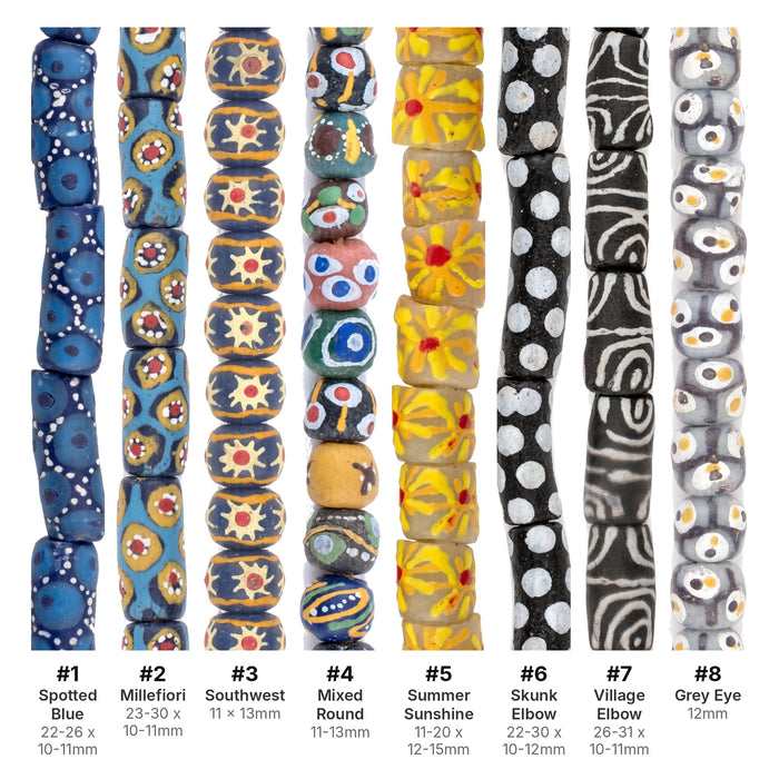 What's included, strands numbered 1-8: Krobo Bead Set: Spotted, Millefiori & Elbow Powder Glass