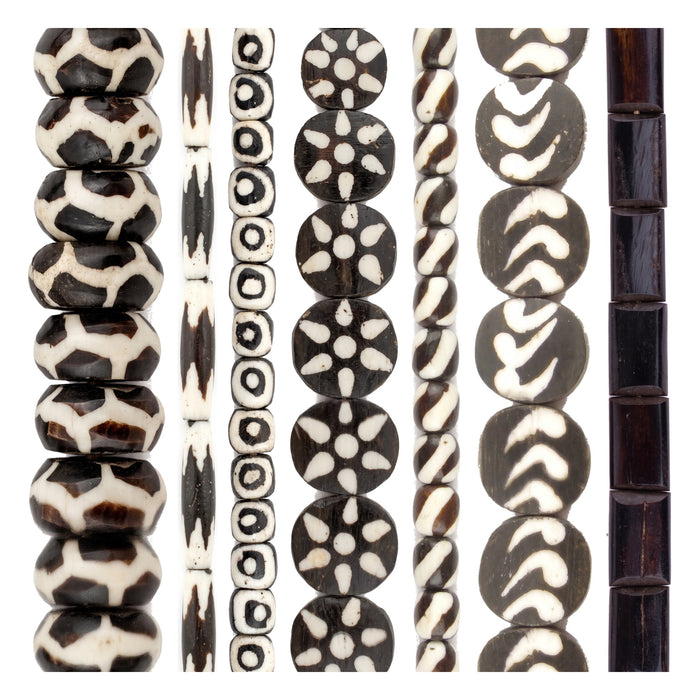 Batik Bone Bead Set: Sun, Giraffe & Zig-Zag (7 Strands, 7-25mm)