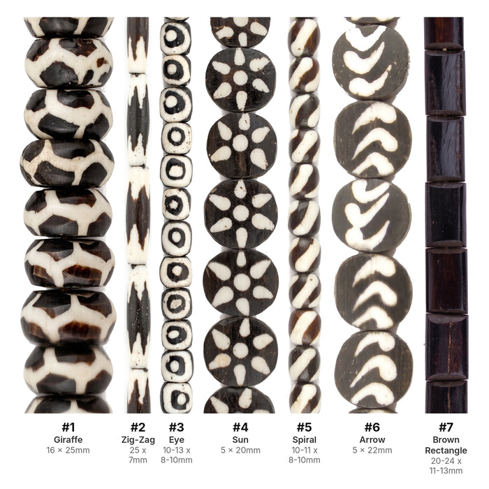 What's included, strands numbered 1-7: Batik Bone Bead Set: Sun, Giraffe & Zig-Zag