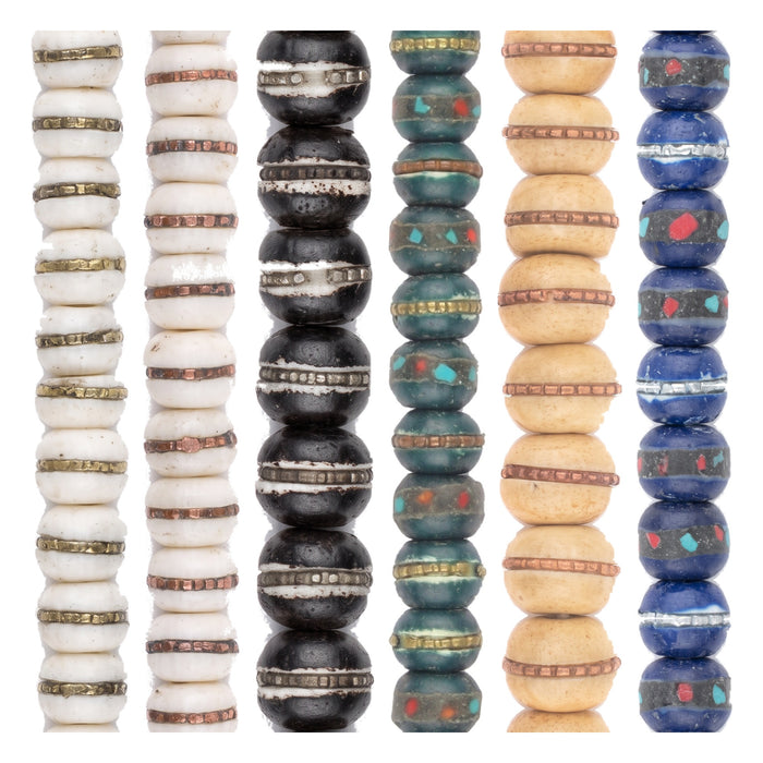 Bone Mala Bead Set: Brass, Copper & Silver Inlaid (6 Strands, 7-10mm)