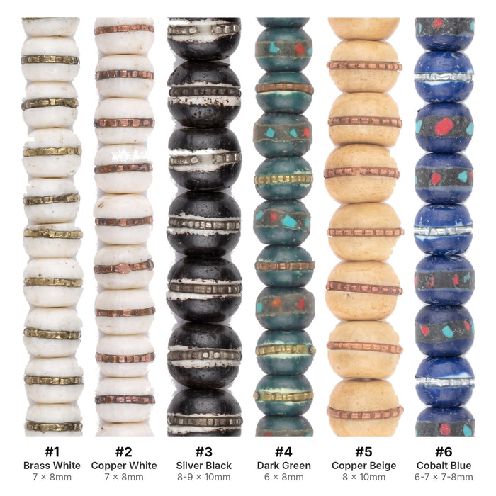 What's included, strands numbered 1-6: Bone Mala Bead Set: Brass, Copper & Silver Inlaid
