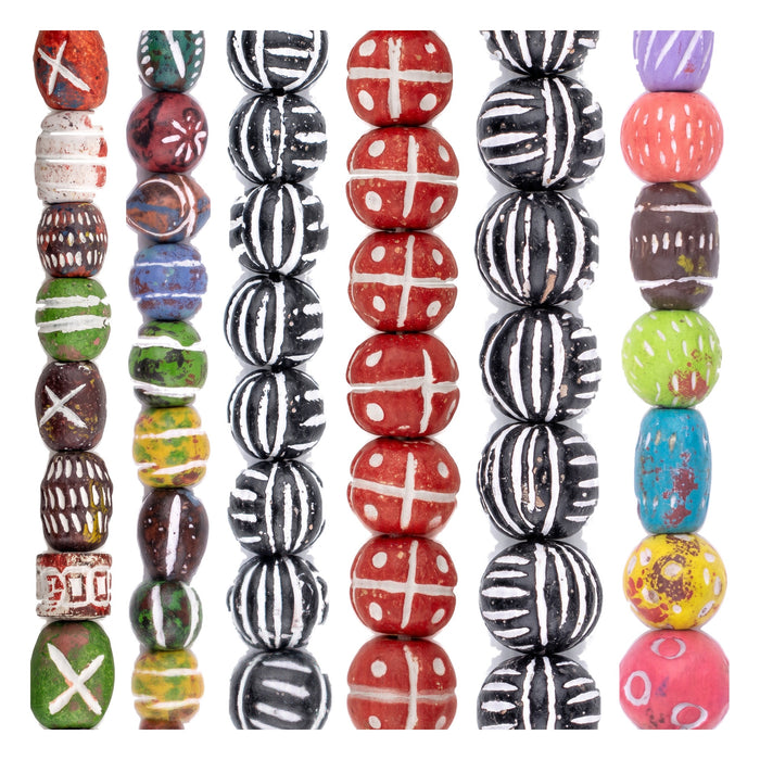 Terracotta Bead Set: Painted & Scratch-Carved (6 Strands, 7-16mm)