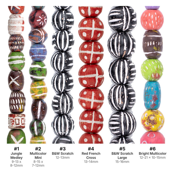 What's included, strands numbered 1-6: Terracotta Bead Set: Painted & Scratch-Carved