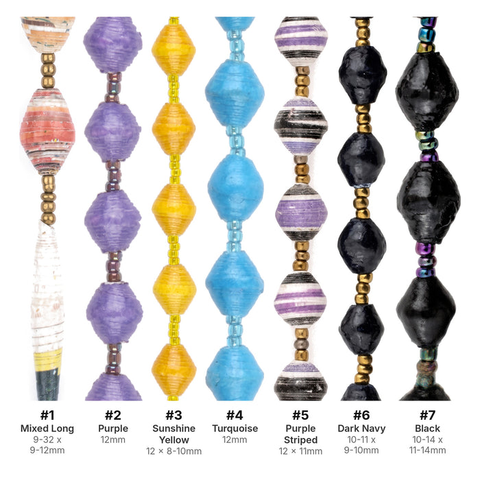 Seven Uganda paper bead strands labeled #1 to #7 with color names and bead sizes beneath each strand