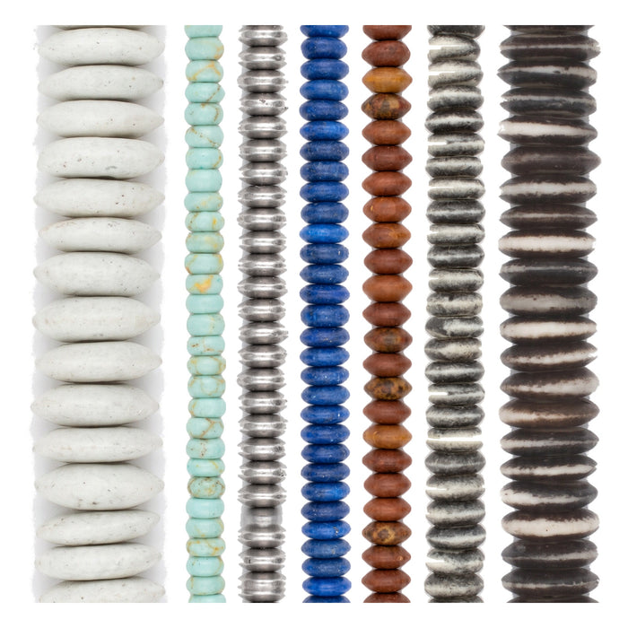Saucer Bead Set: Ashanti, Lapis, Silver & Bone (7 Strands, 4-14mm)