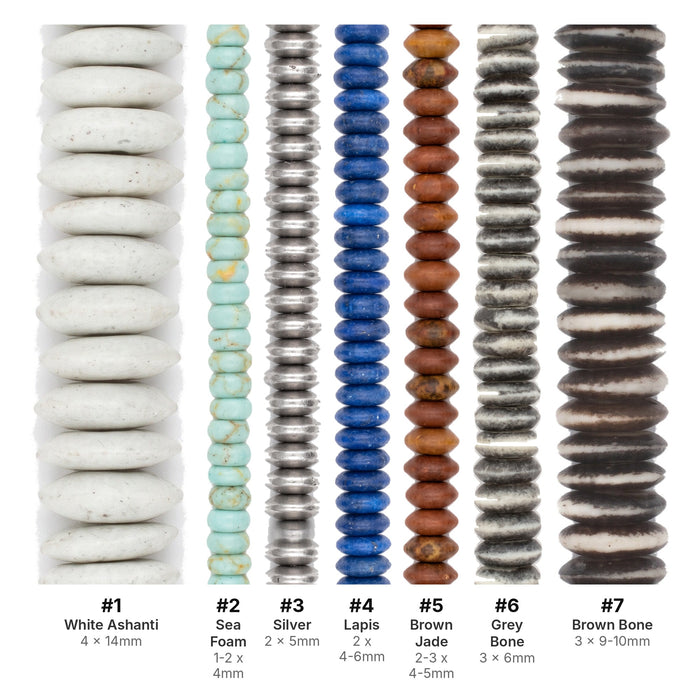 What's included, strands numbered 1-7: Saucer Bead Set: Ashanti, Lapis, Silver & Bone