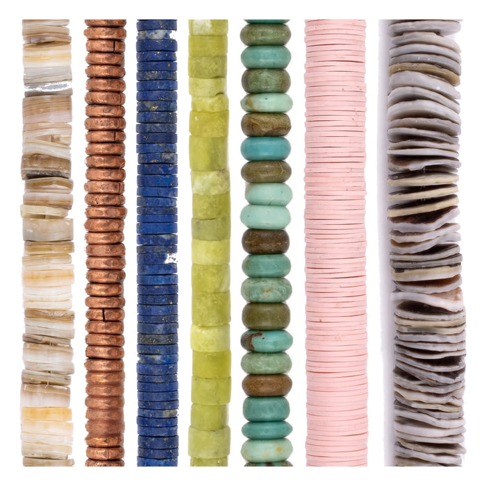 Heishi Bead Set: Shell, Copper, Lapis & Serpentine (7 Strands, 3-8mm)