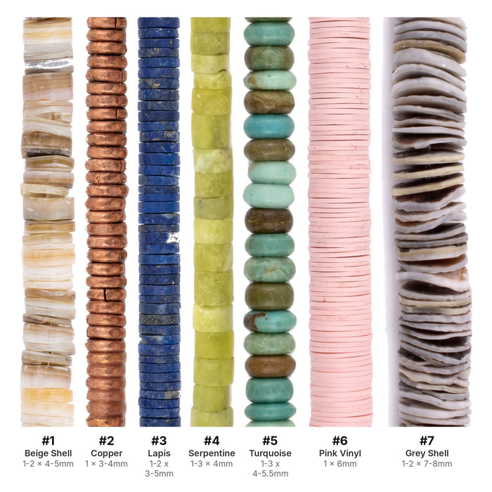 What's included, strands numbered 1-7: Heishi Bead Set: Shell, Copper, Lapis & Serpentine