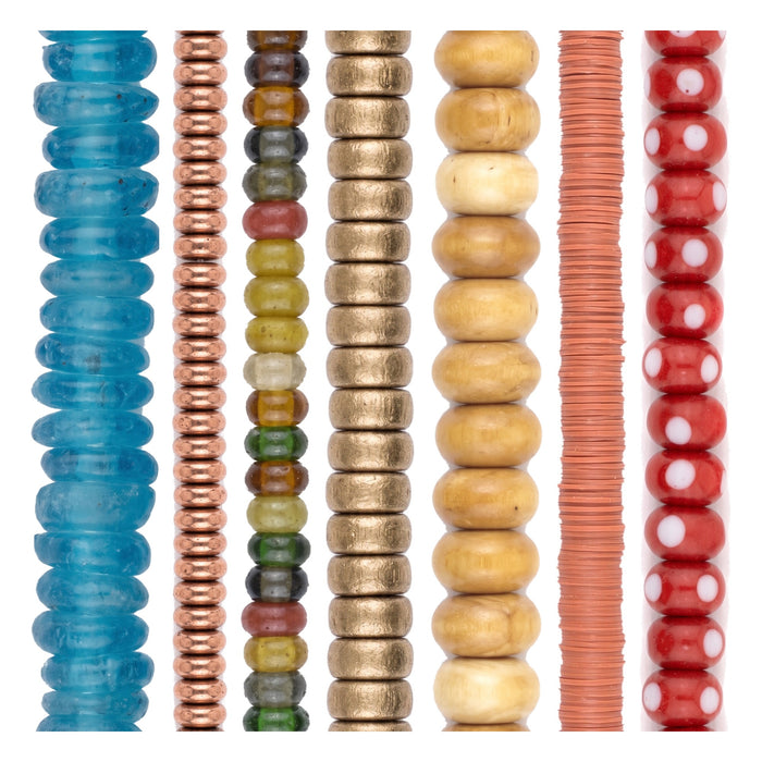 Rondelle Bead Set: Sapphire Glass, Copper & Bone (7 Strands, 5-11mm)