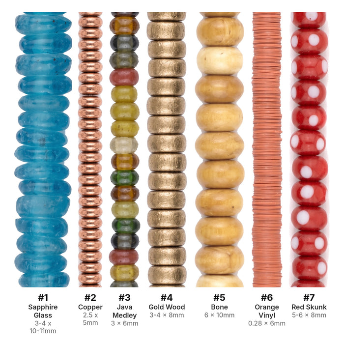 What's included, strands numbered 1-7: Rondelle Bead Set: Sapphire Glass, Copper & Bone