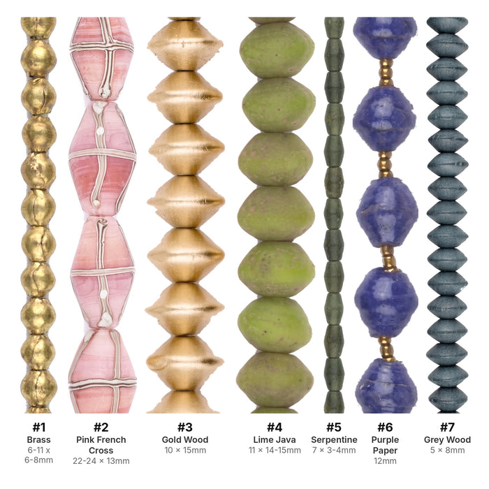 What's included, strands numbered 1-7: Bicone Bead Set: Brass, French Cross & Wood
