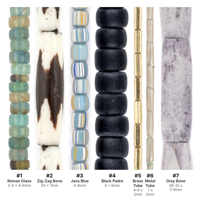 What's included, strands numbered 1-7: Tube Bead Set: Roman Glass, Batik Bone & Brass