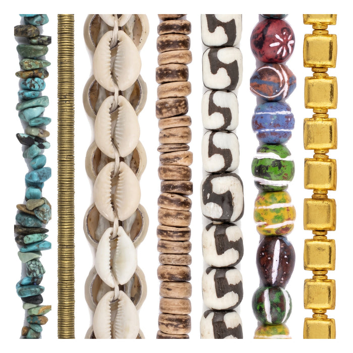 Boho Bead Set: Turquoise, Cowrie & Brass (7 Strands, 3-15mm)