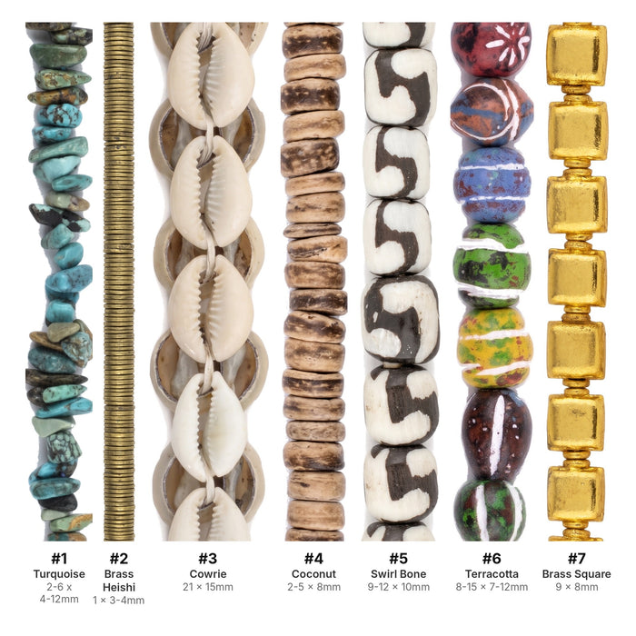 What's included, strands numbered 1-7: Boho Bead Set: Turquoise, Cowrie & Brass