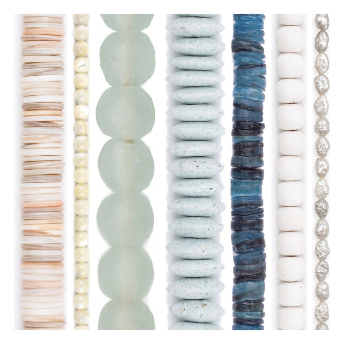 Coastal Bead Set: Shell, Pearl & Aqua Glass (7 Strands, 3-14mm)