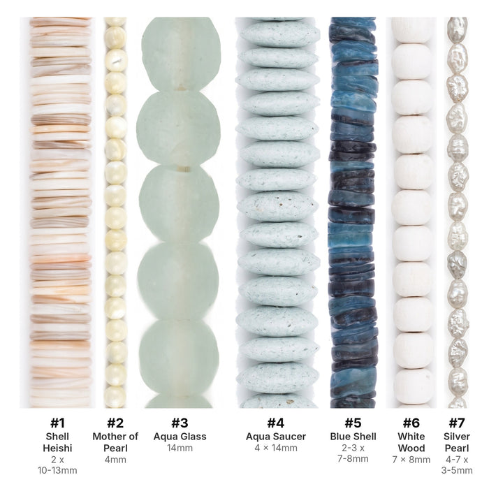 What's included, strands numbered 1-7: Coastal Bead Set: Shell, Pearl & Aqua Glass