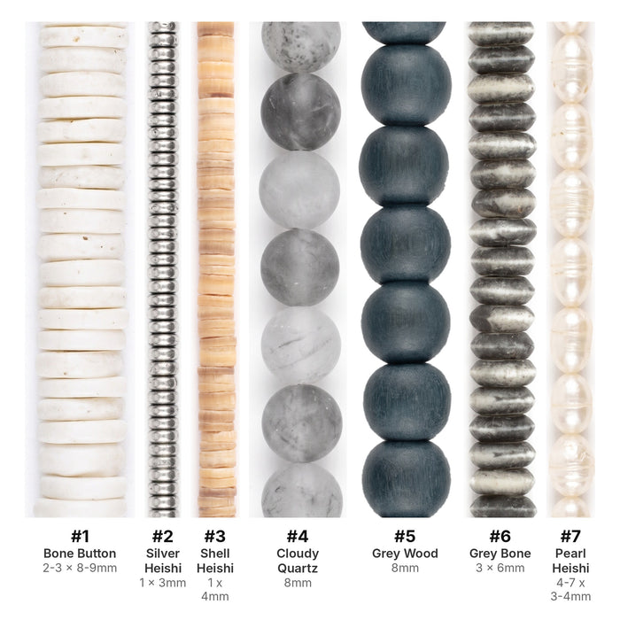 What's included, strands numbered 1-7: Minimalist Bead Set: White, Grey & Silver