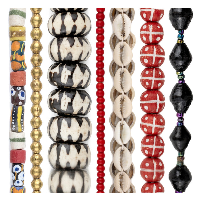 African Statement Bead Set: Krobo, Brass & Batik Bone (7 Strands, 4-25mm)